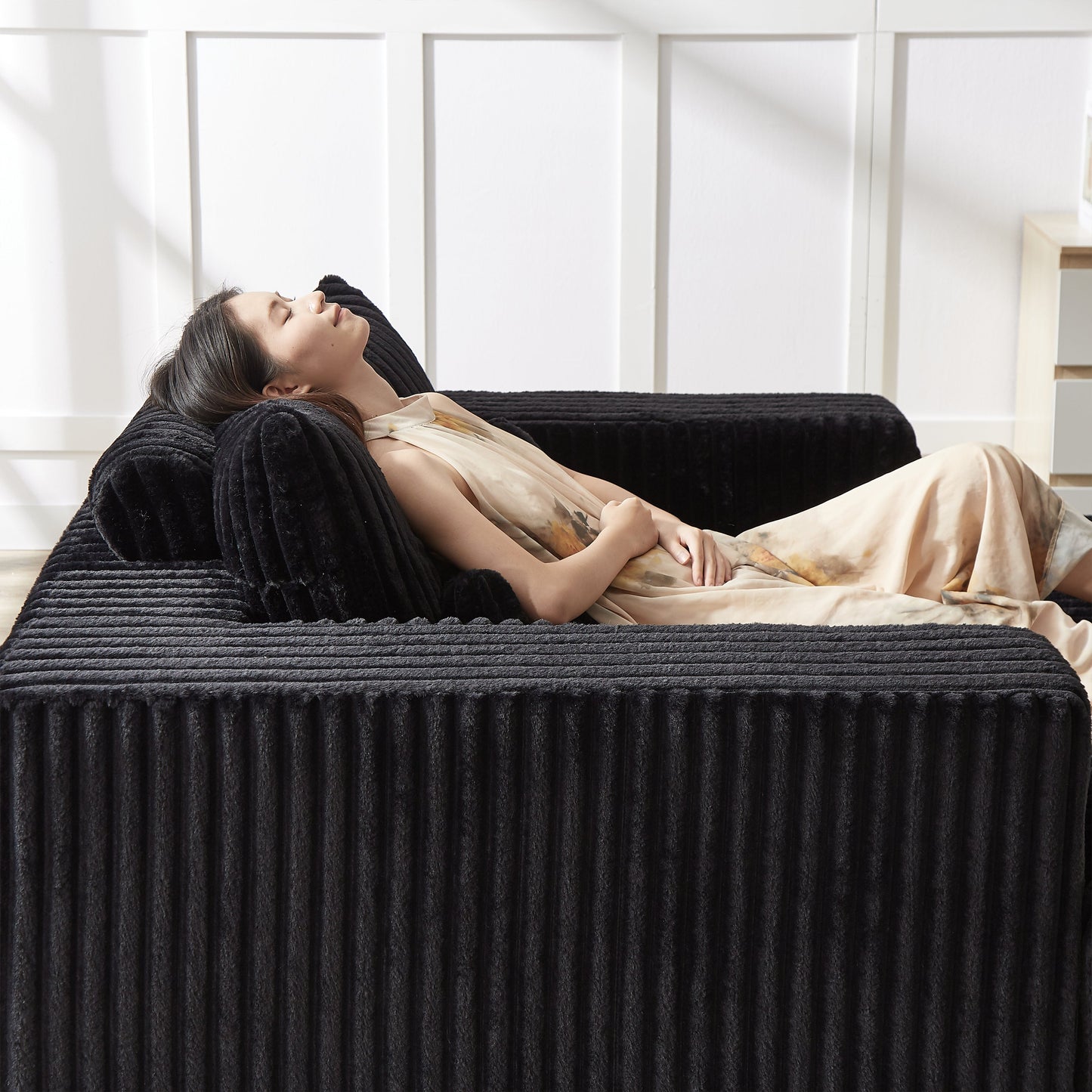 75-Inch Corduroy Sponge Sofa Lounge Chair With Removable Footrest,No Assembly Required,Fluffy Modern Sleeper Chair