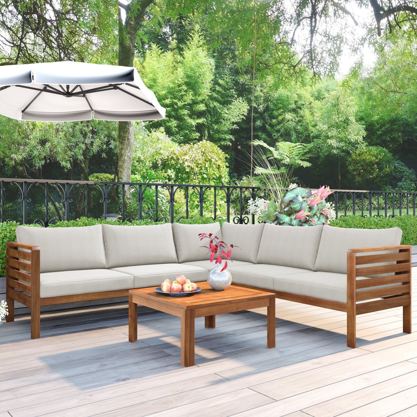 Wood Structure Outdoor Sofa Set With Beige Cushions Exotic Design Water-Resistant and UV Protected Texture High Quality