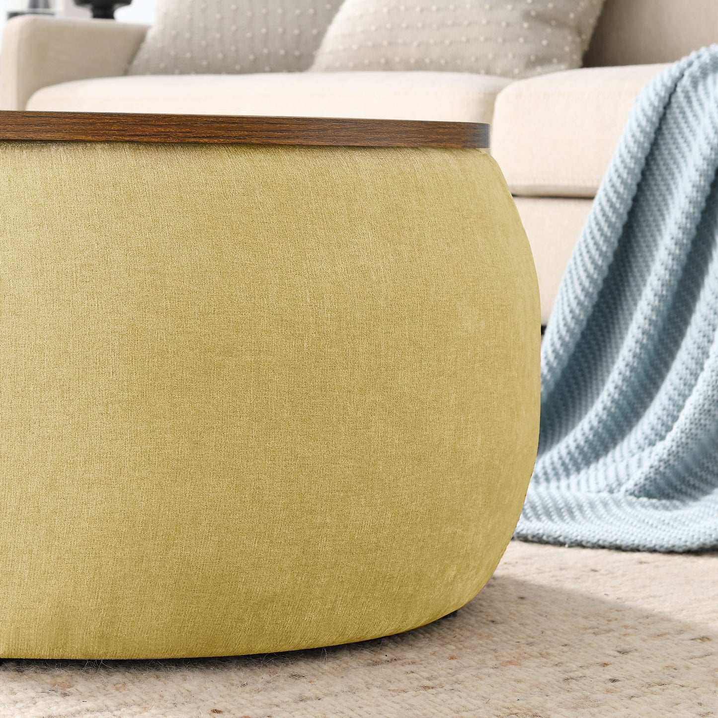 Round Storage Ottoman, 2 in 1 Function, Work as End Table and Ottoman, Yellow