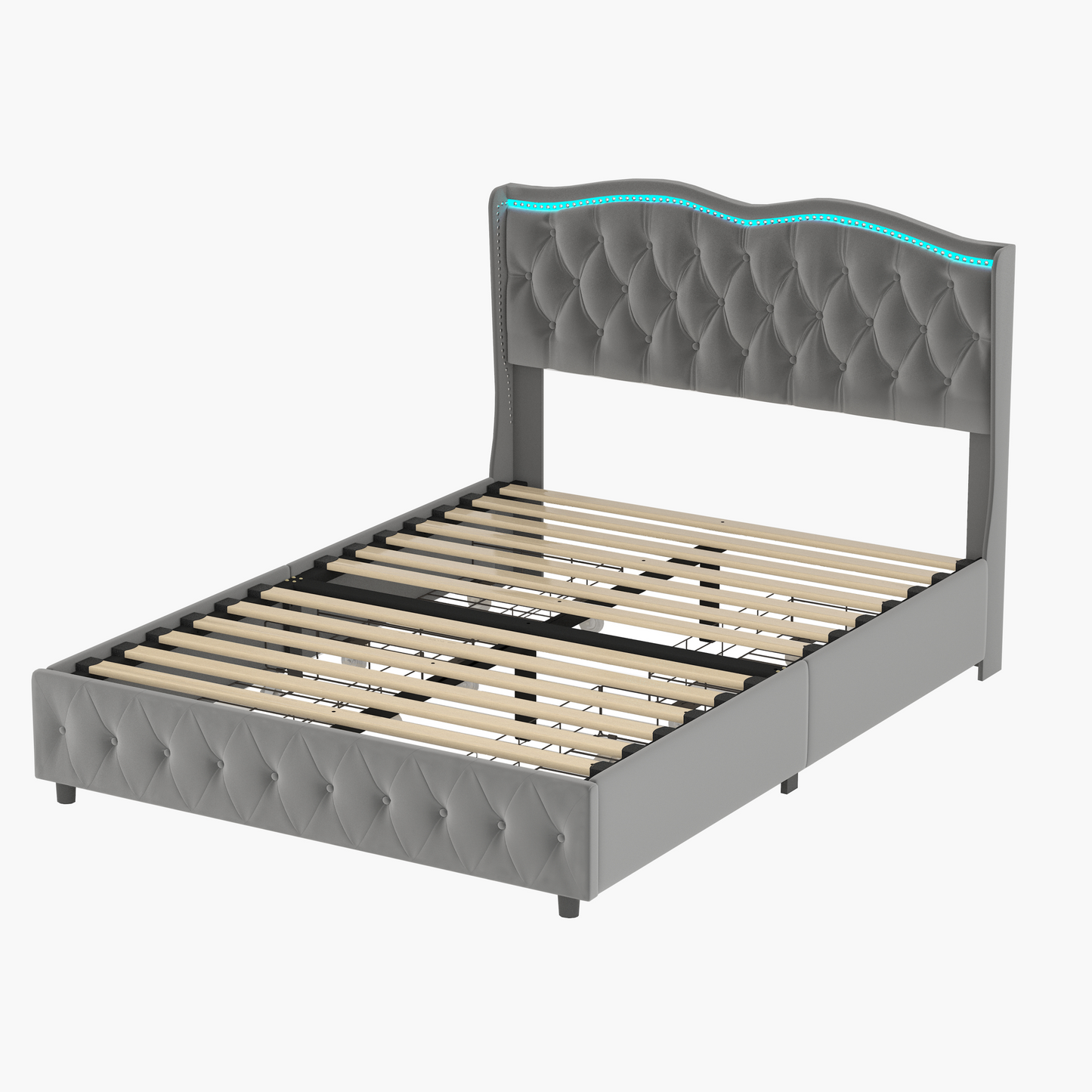 Queen Platform Bed Frame , Velvet Upholstered Bed With Deep Tufted Buttons and Nailhead Trim, Adjustable Colorful LED