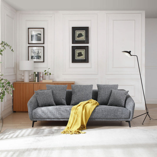 3 Seater Sofa Couch, Modern Fabric Upholstered Sofa With Three Cushions, 2 Pillows, Dark Grey