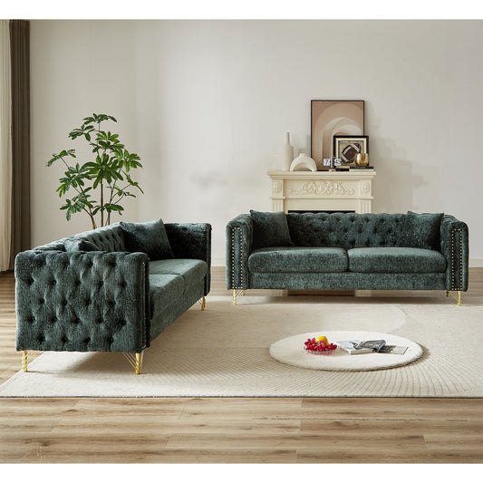 Chenille Pull Buckle Design Sofa for Living Room,Buttons Tufted With Copper Nail Decoration Armrest, Modern Couch