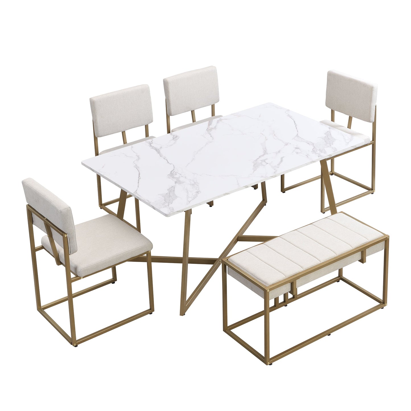 Modern Faux Marble 6-Piece Dining Table Set,60inch Metal Kitchen Table Set With Upholstered Dining Chairs and Bench