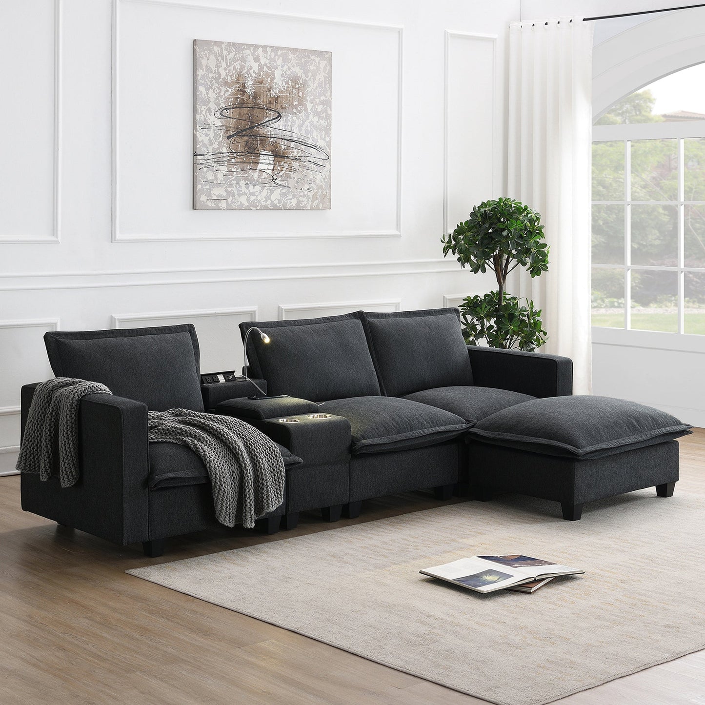 109*57"Modern Sectional Cloud Sofa With Console,USB Charging Port,Reading Light,Cup Holder,4 Seat Chenille Modular Couch