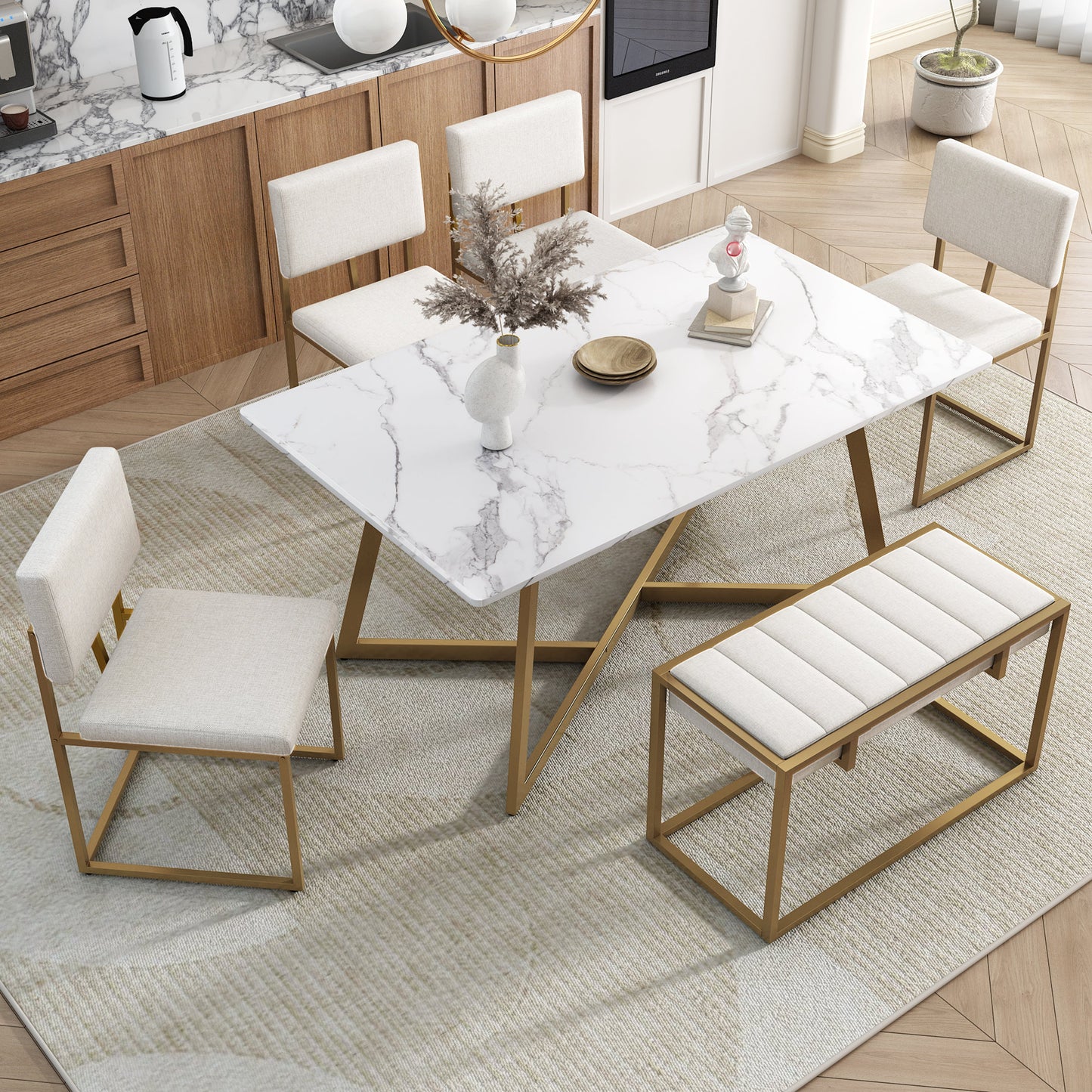 Modern Faux Marble 6-Piece Dining Table Set,60inch Metal Kitchen Table Set With Upholstered Dining Chairs and Bench