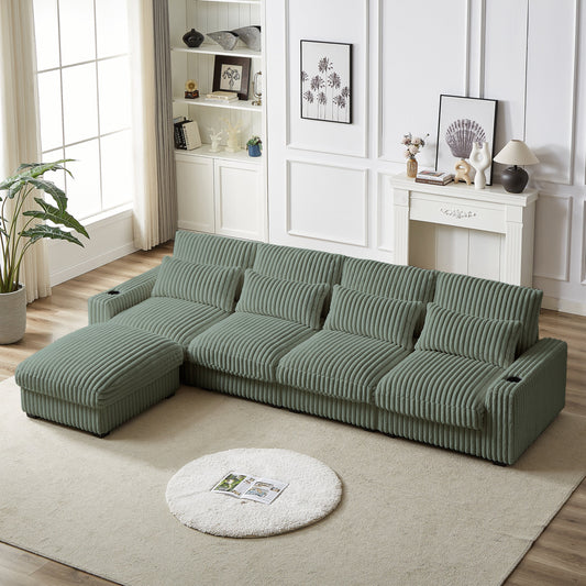 126-Inch Corduroy With Cup Holder Super Large L-Shaped Sofa, Movable Footrest, Four Waist Pillows and Four Back Cushion