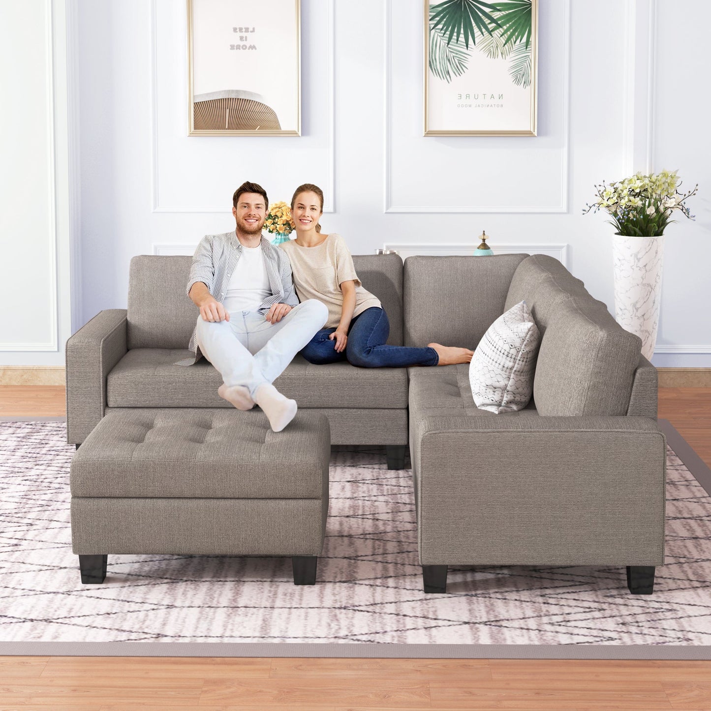 Sectional Corner Sofa L-Shape Couch Space Saving With Storage Ottoman