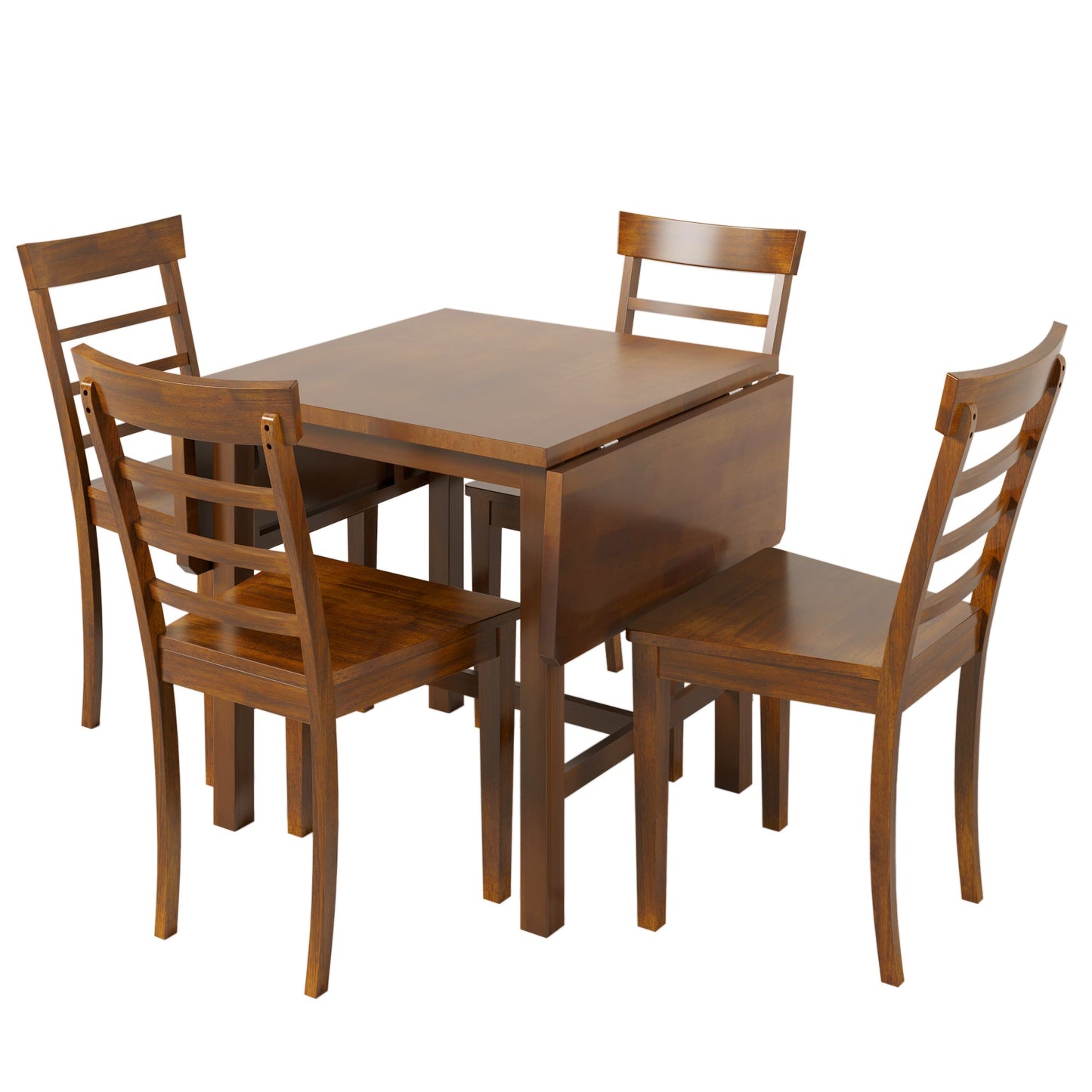 5-Piece Wood Square Drop Leaf Breakfast Nook Extendable Dining Table Set With 4 Ladder Back Chairs for Small Places