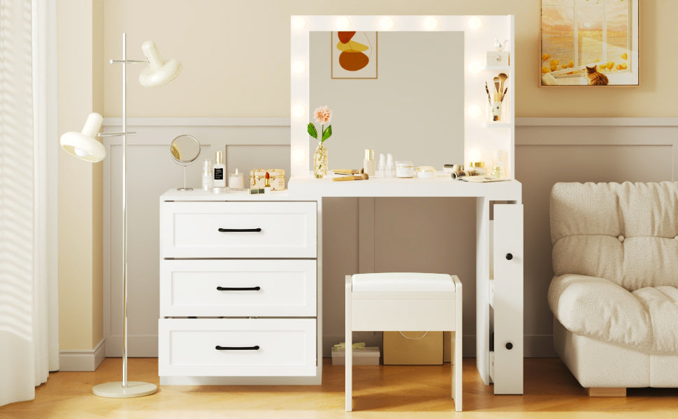 55.2" Vanity Desk With Freely Adjustable Side Cabinet, Makeup Vanity With Hollywood Lights, 5 Storage Drawers & 2-Shelve