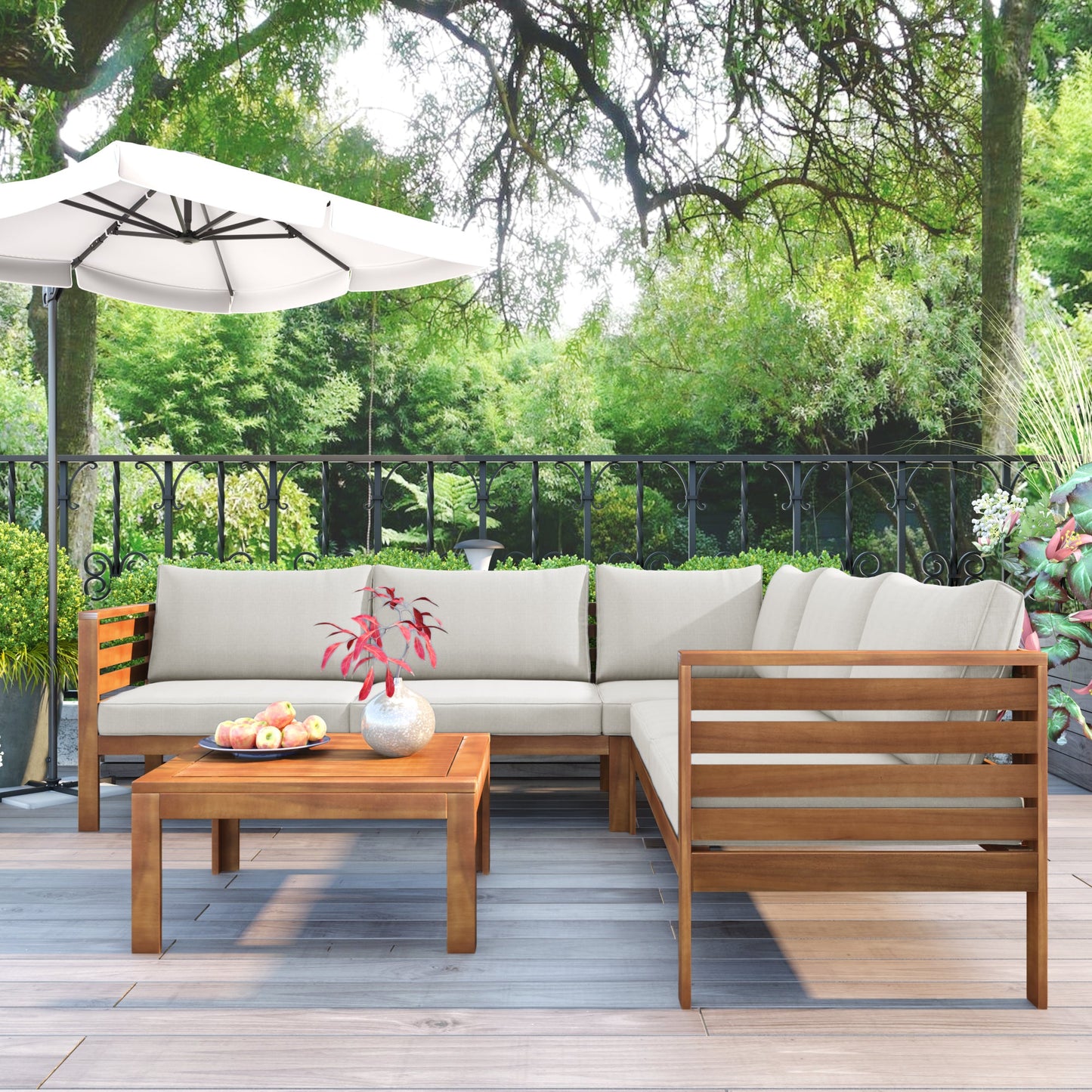 Wood Structure Outdoor Sofa Set With Beige Cushions Exotic Design Water-Resistant and UV Protected Texture High Quality