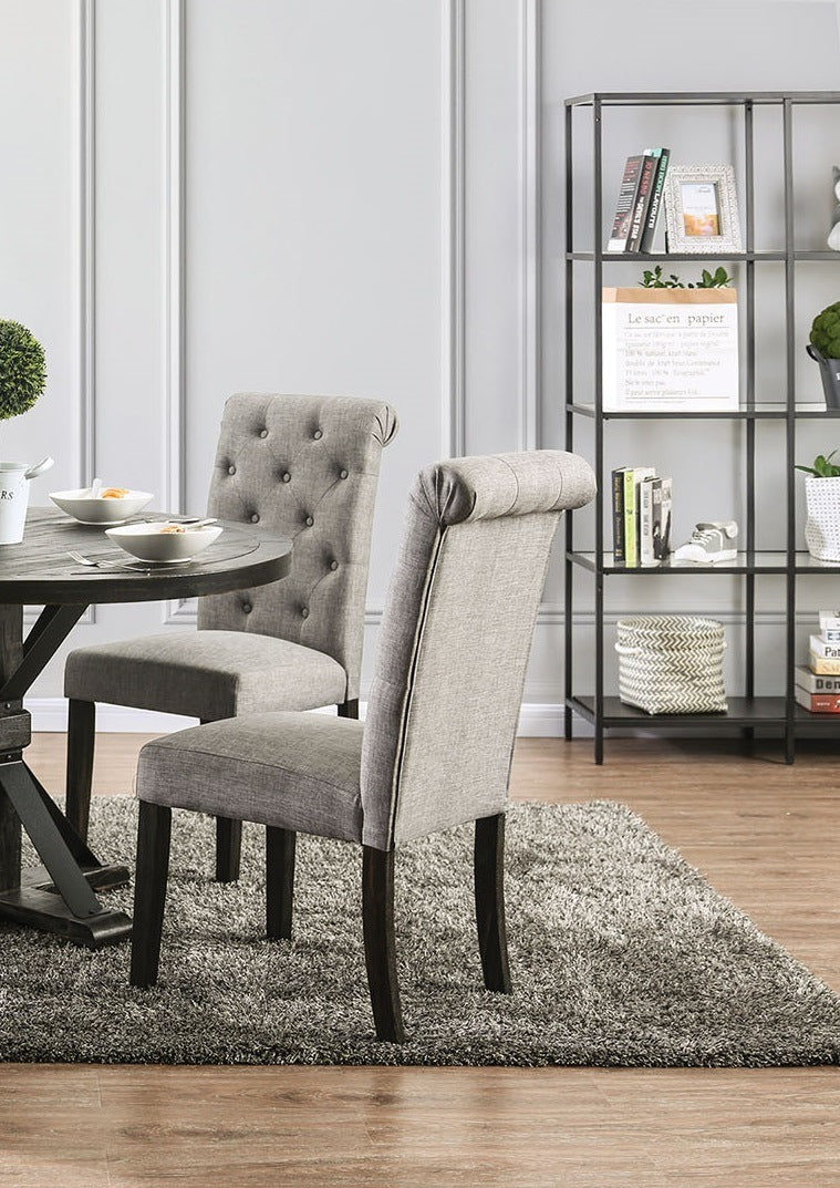 Classic Antique Black / Light Gray Set of 2 Side Chairs Button Tufted Linen Like Fabric Solid Wood Chair Upholstered