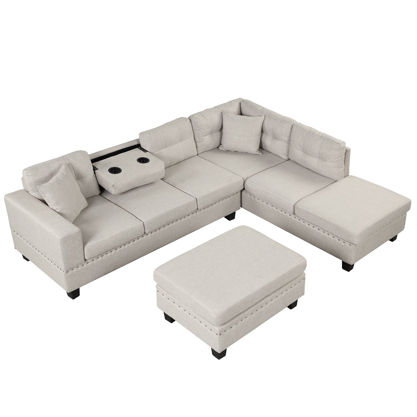 104.5" Modern Sectional Sofa With Storage Ottoman, L-Shape Couch With 2 Pillows and Cup Holder,Sectional Sofa