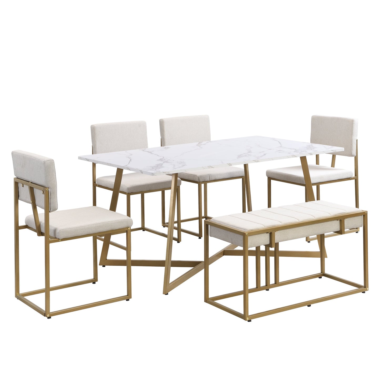 Modern Faux Marble 6-Piece Dining Table Set,60inch Metal Kitchen Table Set With Upholstered Dining Chairs and Bench