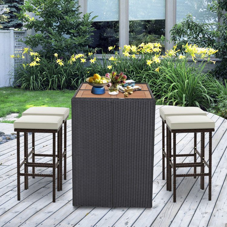 Patio Wicker Bar Stools Set of 2 With Seat Cushions and Footrest