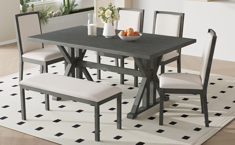 Farmhouse Classical 6-Piece Dining Table Set With Trestle Legs,Kitchen Table Set for 6 With 4 Upholstered Dining Chairs