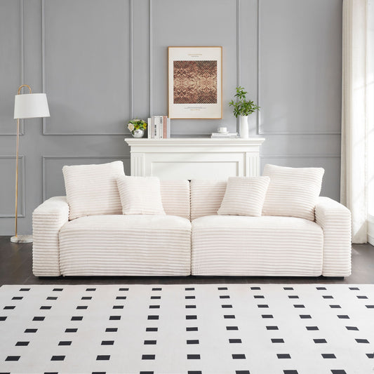 104.72-Inch 4-Seat Large Sofa With 4 Throw Pillows, Living Room Sofa Beige Corduroy Fabric