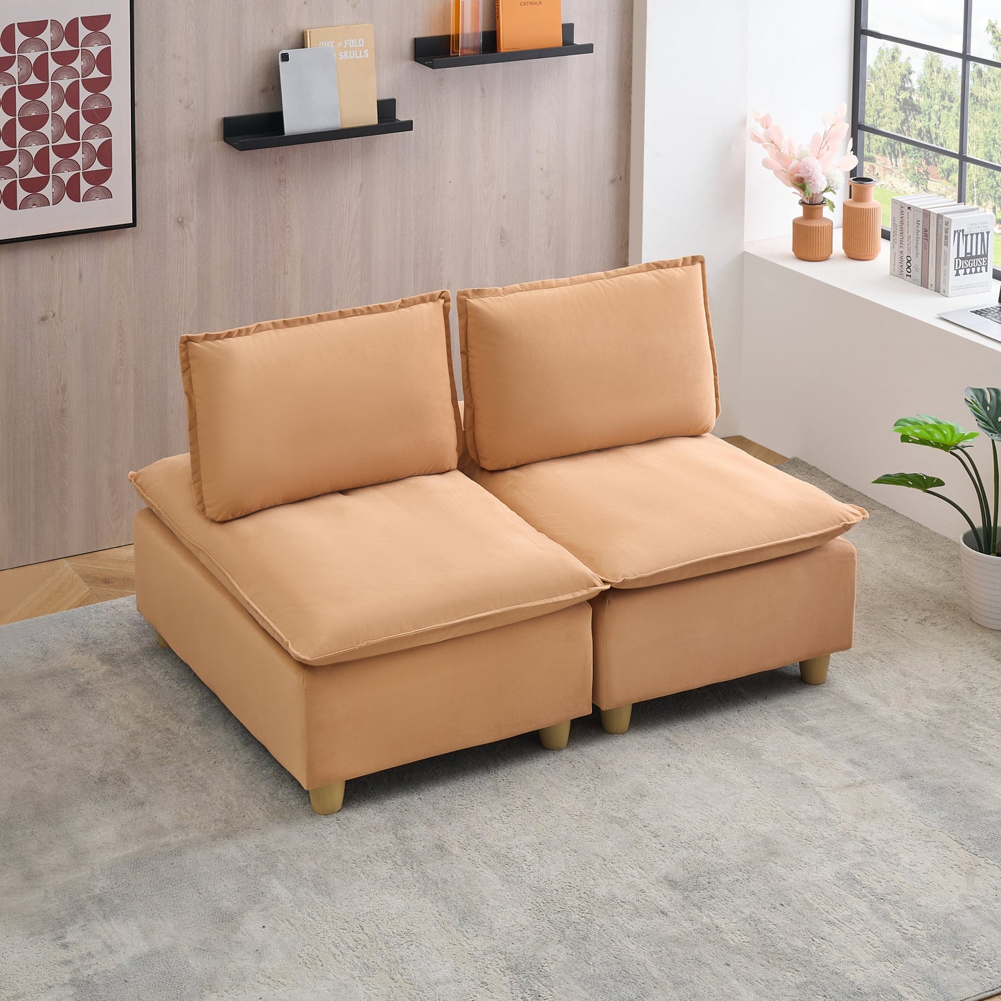 58-Inch Double-Seat Sofa in Pumpkin-Colored Flannel With a Straight-Row Design, Featuring a Fashionable and Minimalist