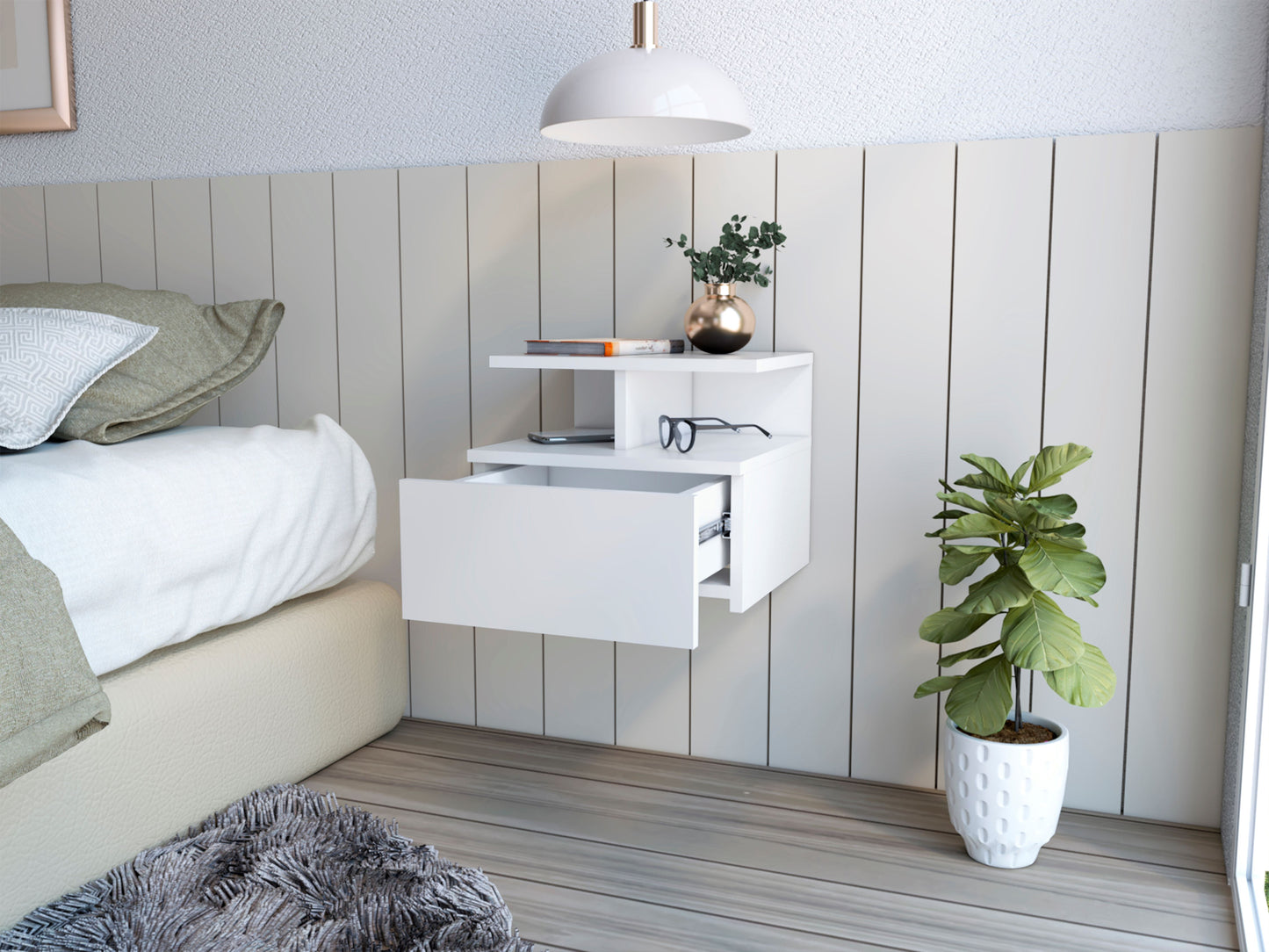 Nightstand Floating Flopini with 1-Drawer and Shelves -White