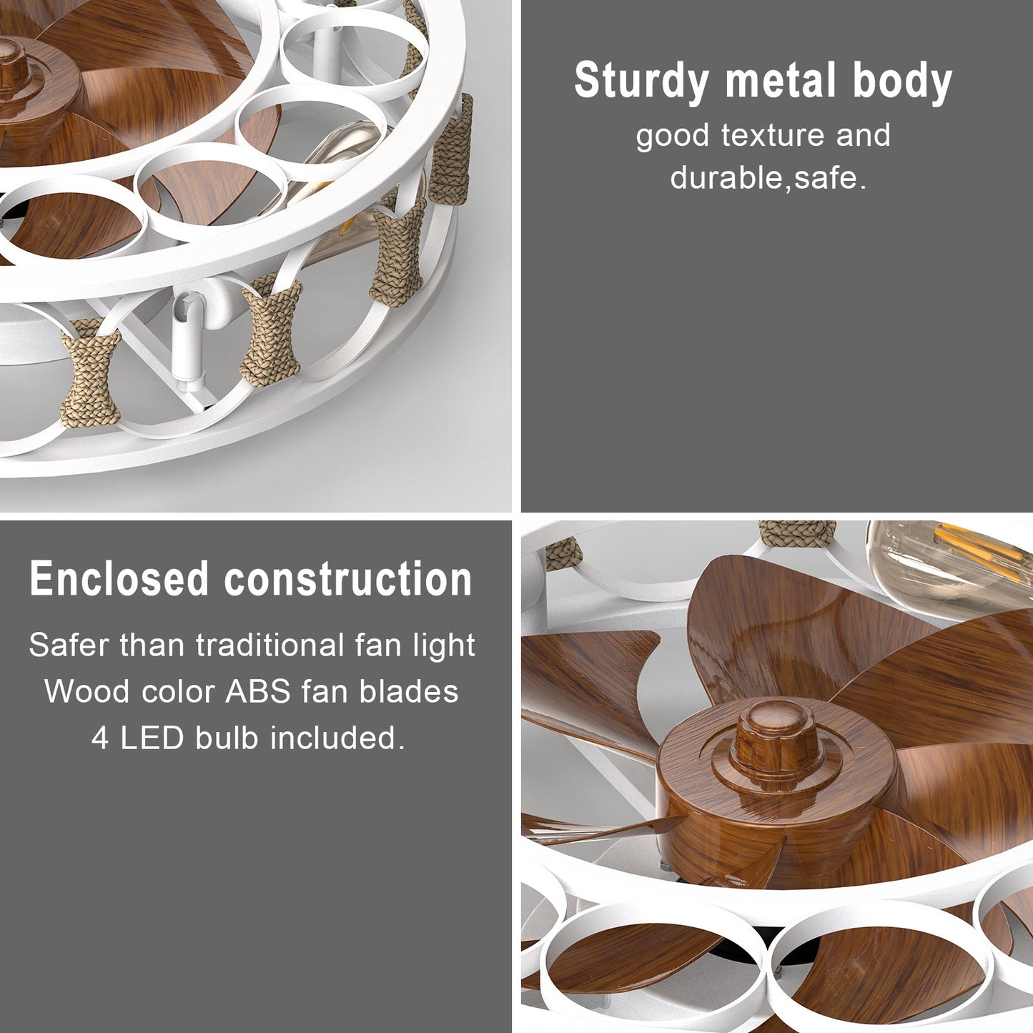Caged Ceiling Fan With Lights Remote Control,Semi -Embedded Modern Ceiling Fans, 6 Speeds Reversible Blades, 4 LED Bulbs