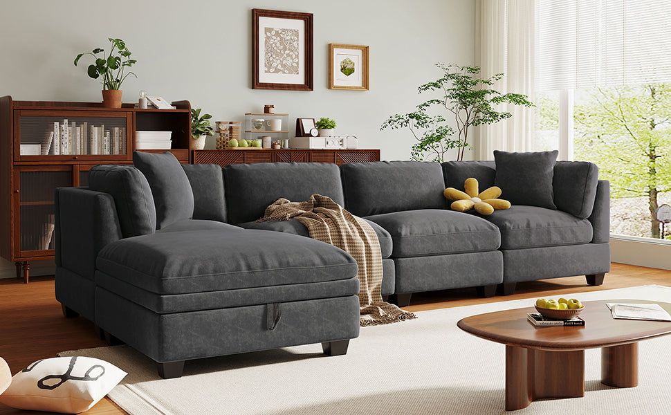 Upholstered Modular Sofa With Removable Storage Ottoman, 2 Hidden Cup Holders, Sectional Sofa for Living Room Apartment