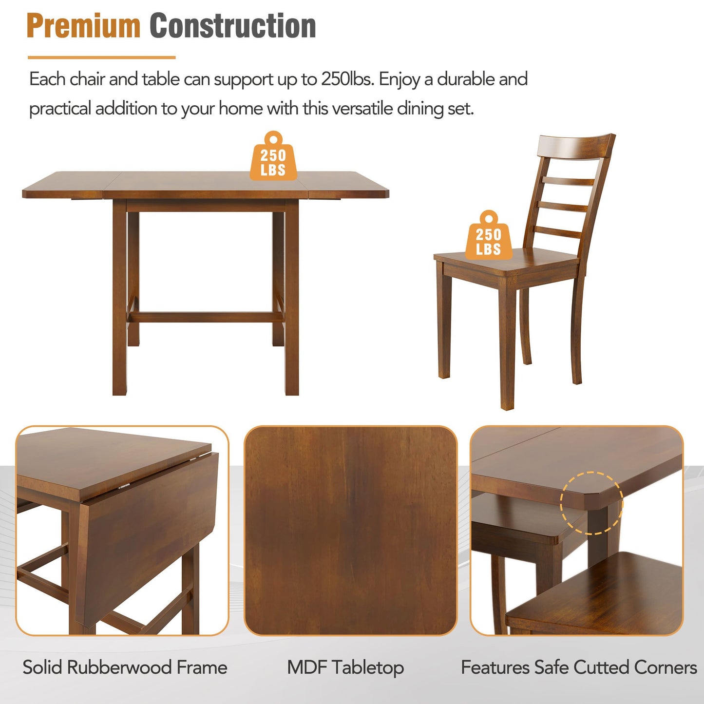 5-Piece Wood Square Drop Leaf Breakfast Nook Extendable Dining Table Set With 4 Ladder Back Chairs for Small Places