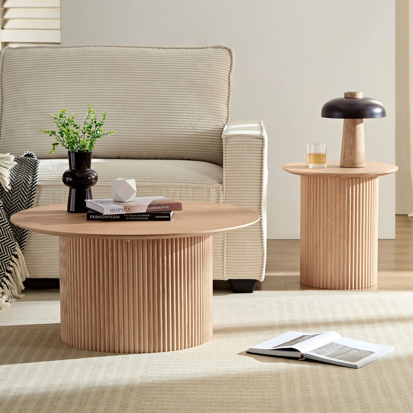 17.71 Inch Round Fluted Side Table Circle Small Accent Table for Living Room Mid Century  Circle Bedside Table for Bedroom