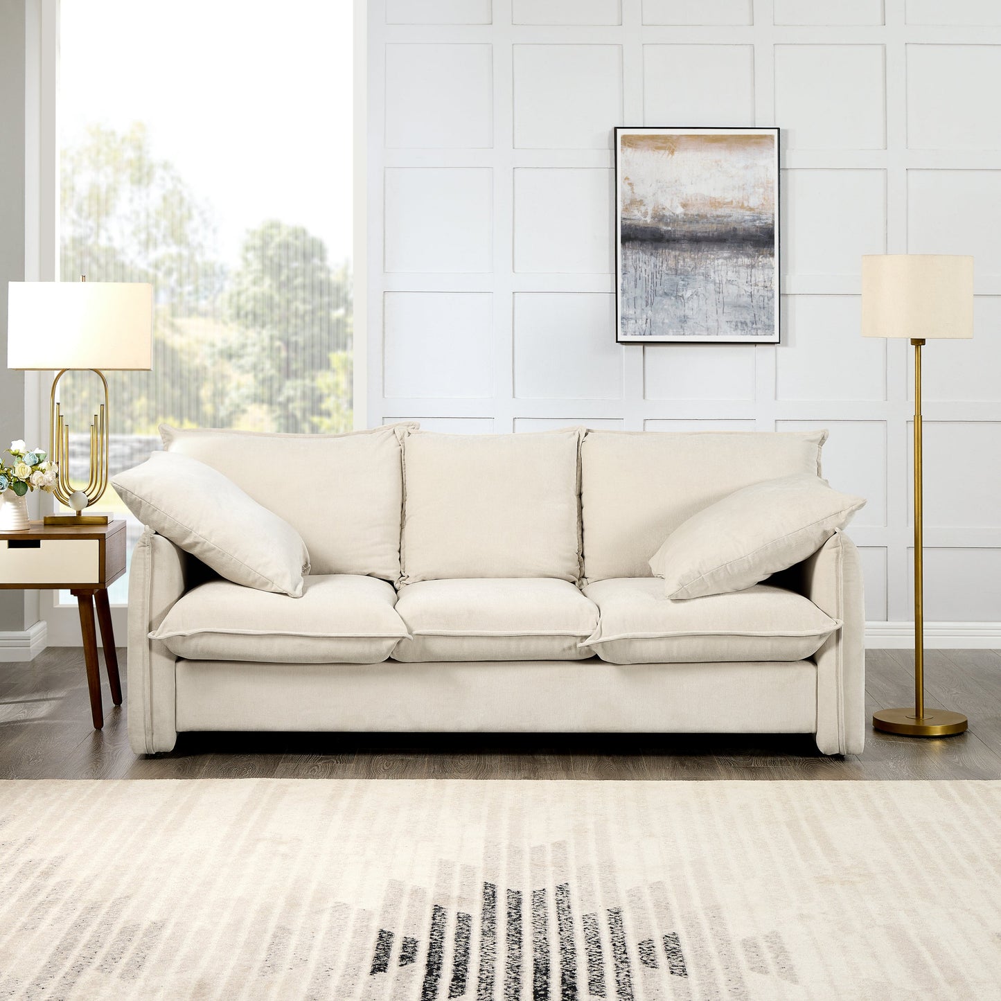 Mid-Century Sofa 3 Seater Cozy Couch for Living Room Apartment Lounge Bedroom, Beige