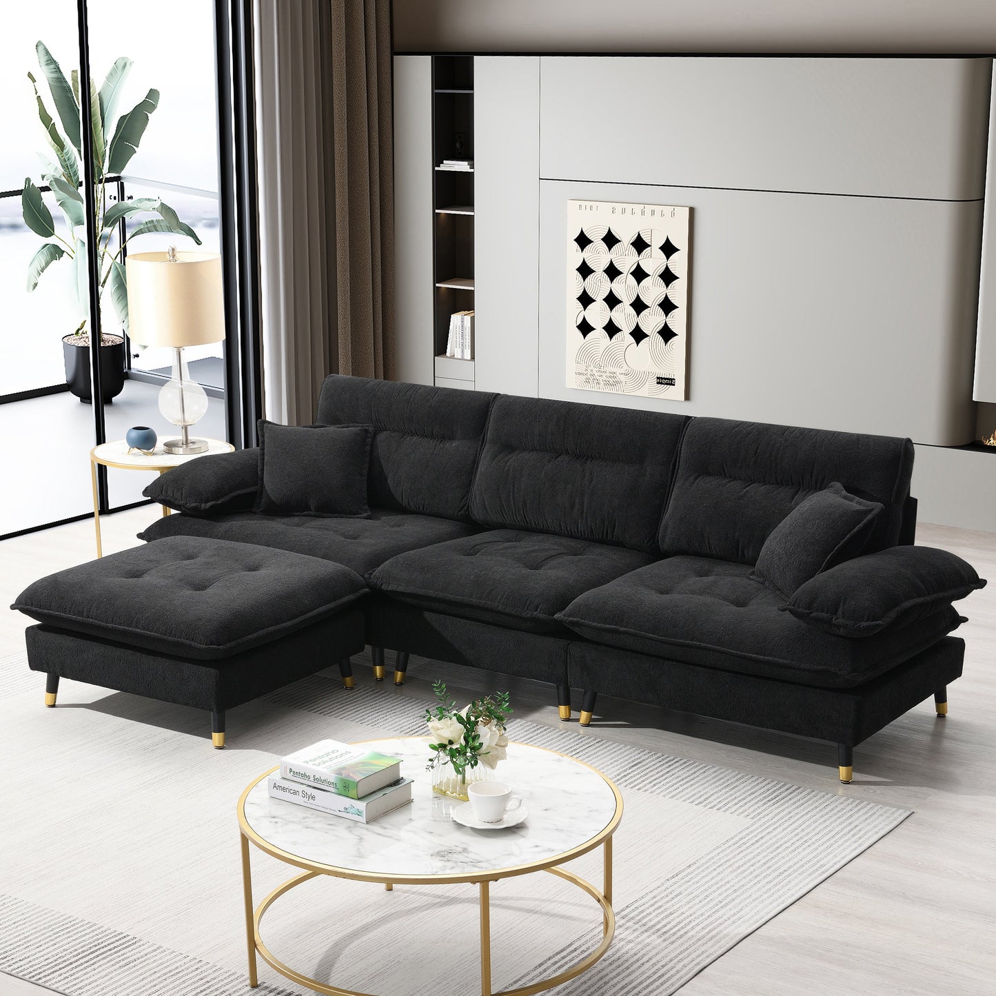 106*66.5" L Shaped Convertible Sectional Sofa,4 Seat Tufted Couch Set With Two-Tone Adjust Legs,Cloud Chenille Fabric
