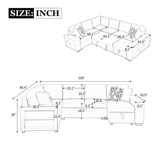 109" U-Shaped Sectional Sofa Pull-Out Sofa Bed With Two USB Ports, a Storage Chaise Lounge and Four Back Pillows
