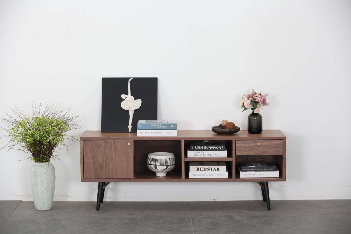 Mid-Century Modern Low Profile Media Console TV Stand, Walnut