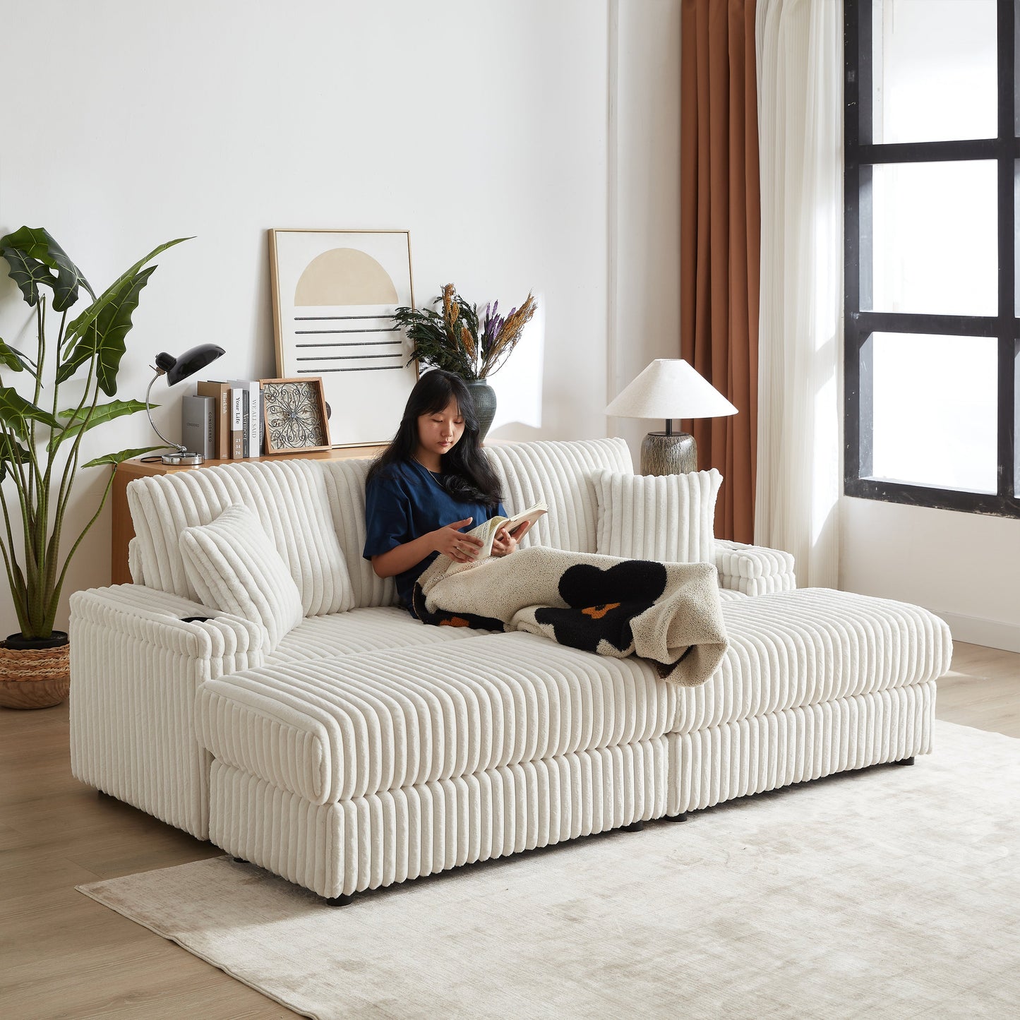 84Inch Corduroy 3-Seater Sofa With 3 Back Pillows ,2 Toss Pillows , a Ottoman ,2storage Spaces and Cup-Holding Grooves