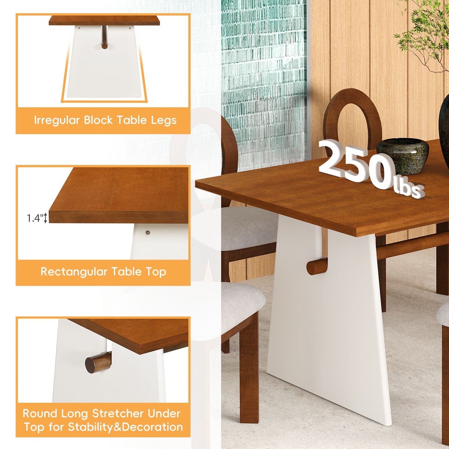 Modern 7-Piece Dining Table Set With Trestle Dining Table and 6 Upholstered Dining Chairs, Compact Kitchen Table