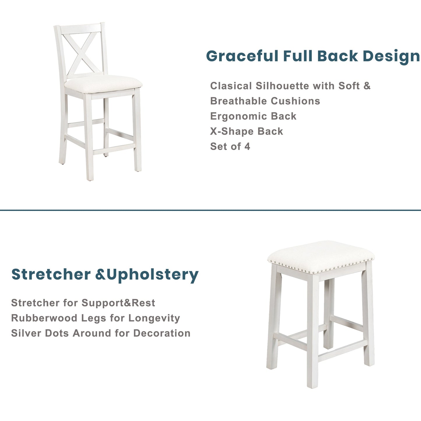 5 Pieces Counter Height Rustic Farmhouse Dining Room Wooden Bar Table Set With 2 Stools and 2 Chairs, White