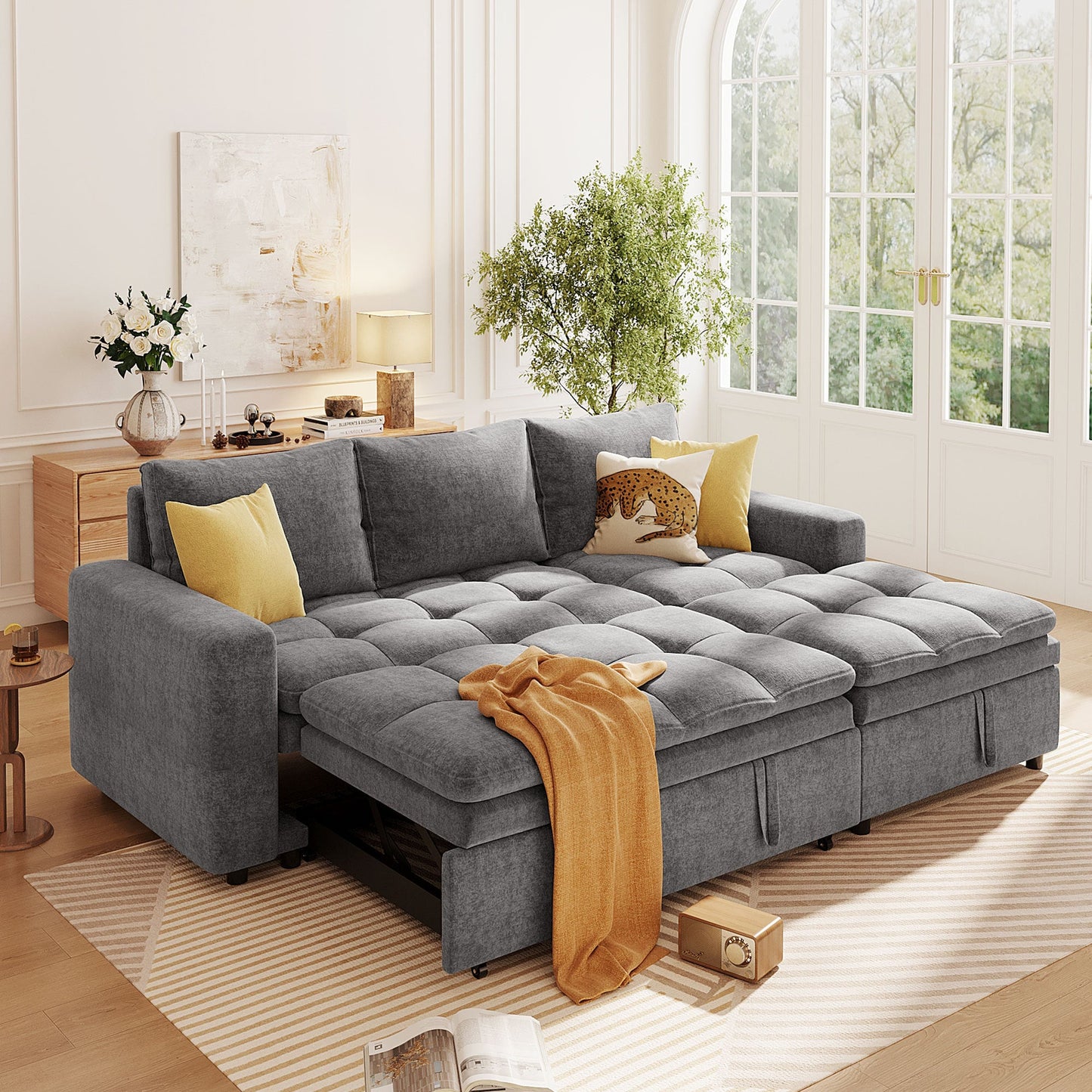 Soft Upholstered Sectional Sofa Bed With Storage Space, Suitable for Living Rooms and Apartments
