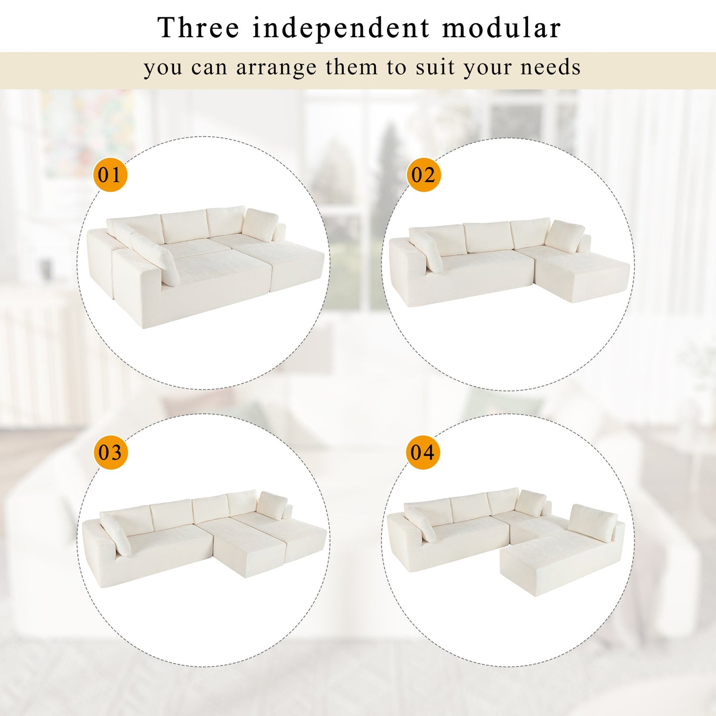 Modern Large Modular Sectional Sofa for Living Room, Bedroom, Salon, 3 Piece Free Combination