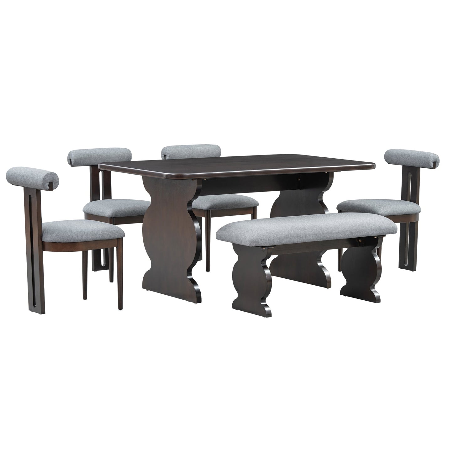 6-Piece Dining Set, Mid-Century Modern Table Set for 6 Persons With 4 Chairs and Bench, Padded Seats and Backrest