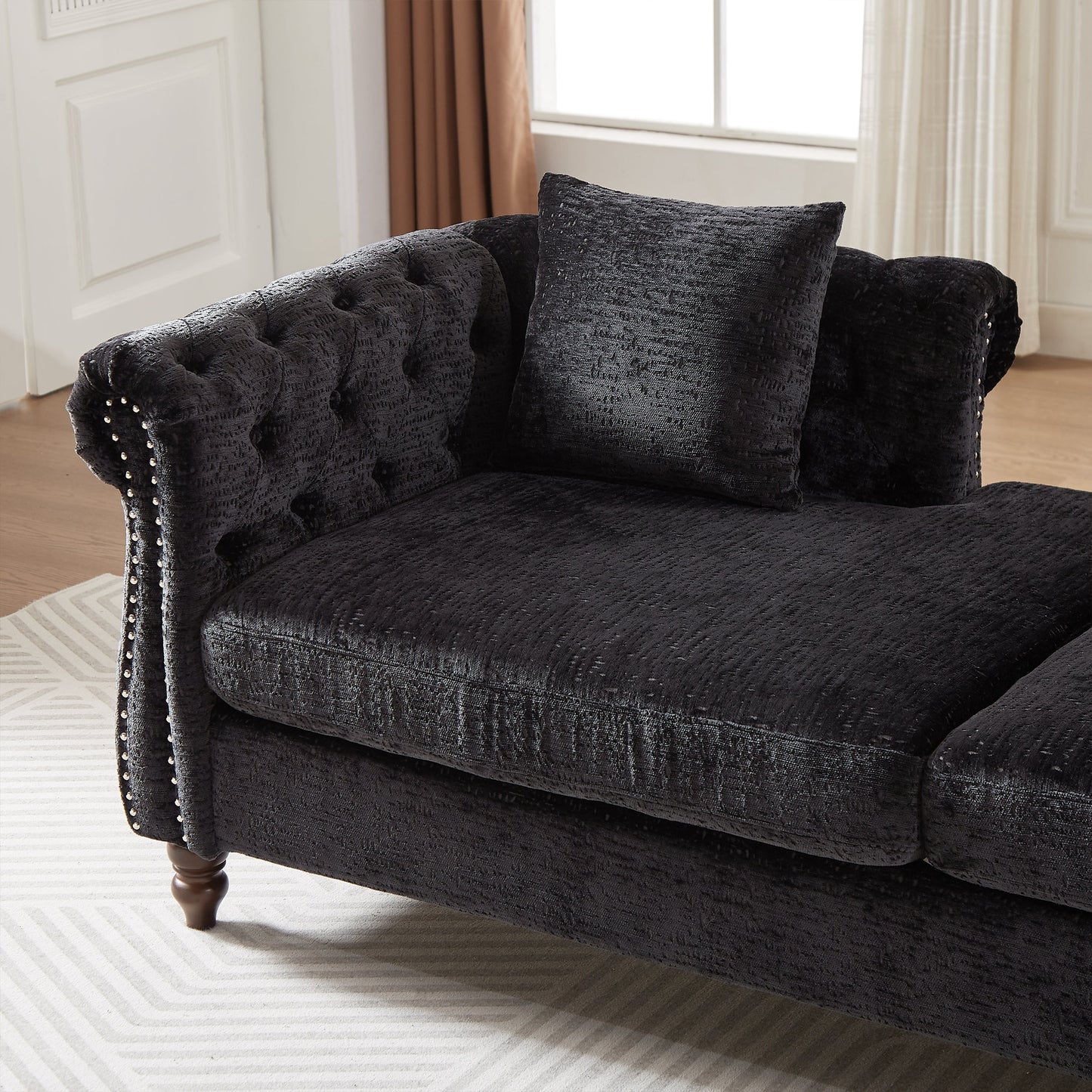 81-Inch Chenille Face-To-Face Chaise Lounge With Two Pillows,Nailhead Trim,Button Tufted Design