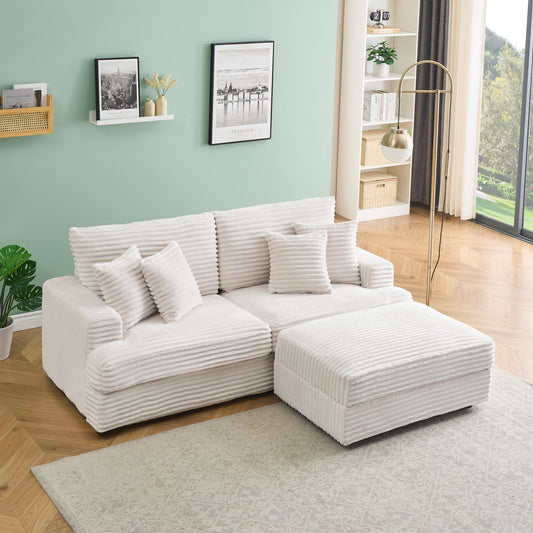 82 Inches White Corduroy Sofa, Storage Feet +4 Throw Pillows, Create a Living Room, Office Fashion New Darling