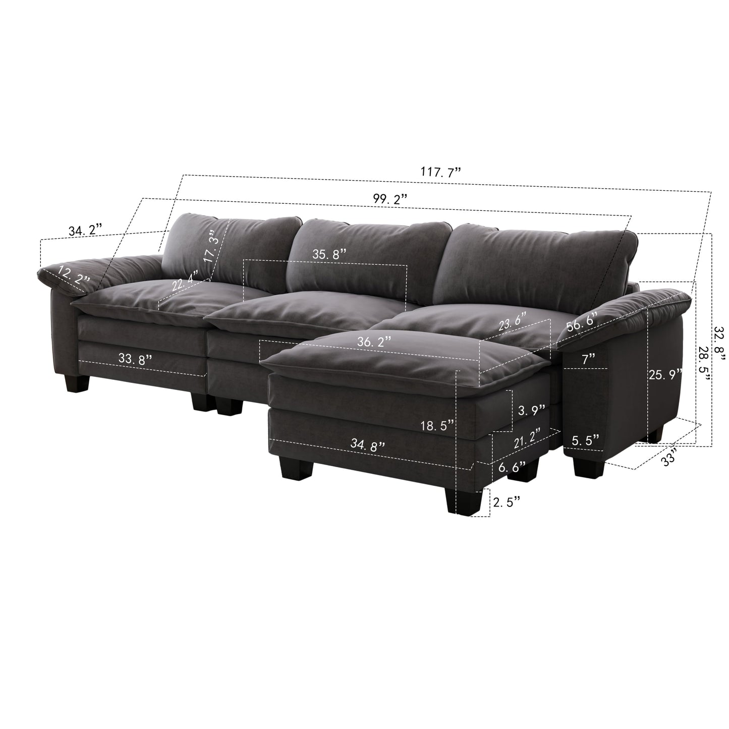 Living Room Furniture Luxury Sectional Sofa Couch With Ottoman Soft Velvet Upholstered Sofa Grey