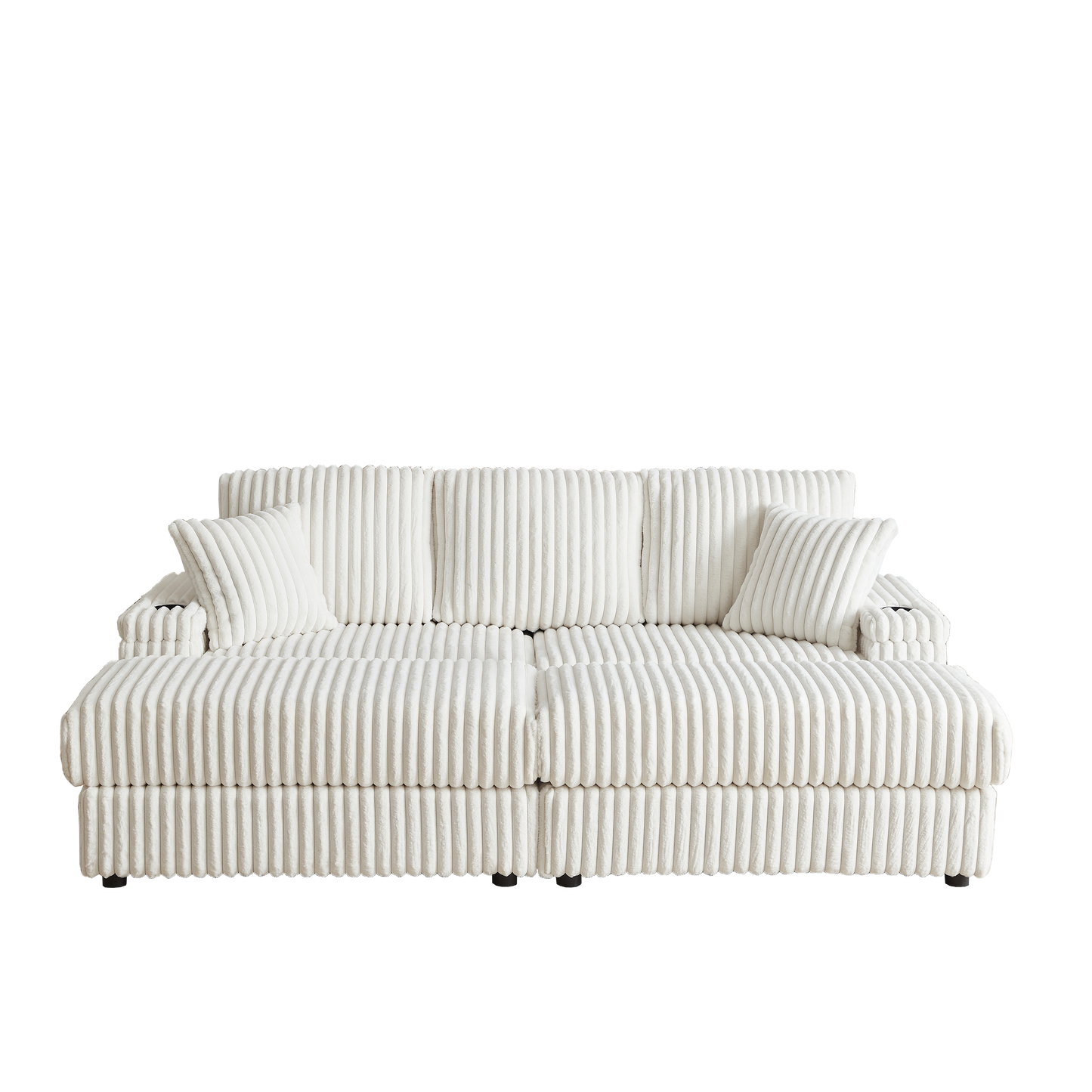 84Inch Corduroy 3-Seater Sofa With 3 Back Pillows ,2 Toss Pillows , a Ottoman ,2storage Spaces and Cup-Holding Grooves