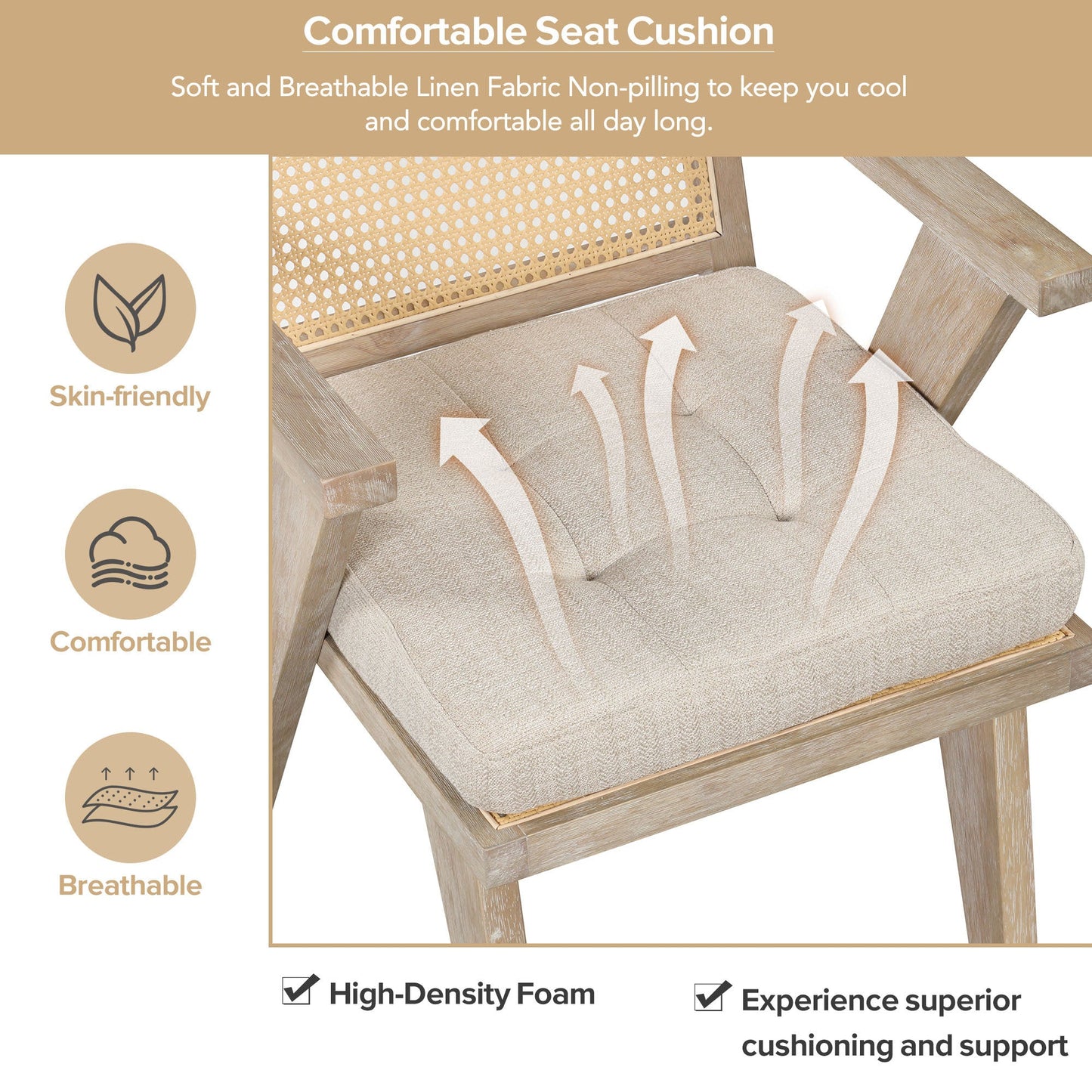 Mid-Century Accent Chair With Handcrafted Rattan Backrest and Padded Seat for Leisure, Bedroom, Kitchen, Living Room