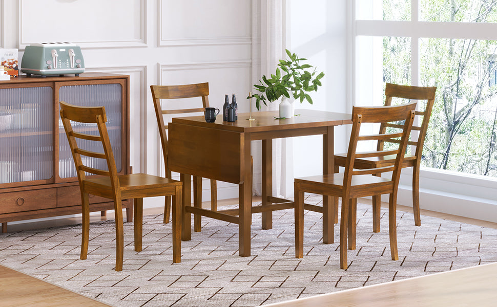 5-Piece Wood Square Drop Leaf Breakfast Nook Extendable Dining Table Set With 4 Ladder Back Chairs for Small Places