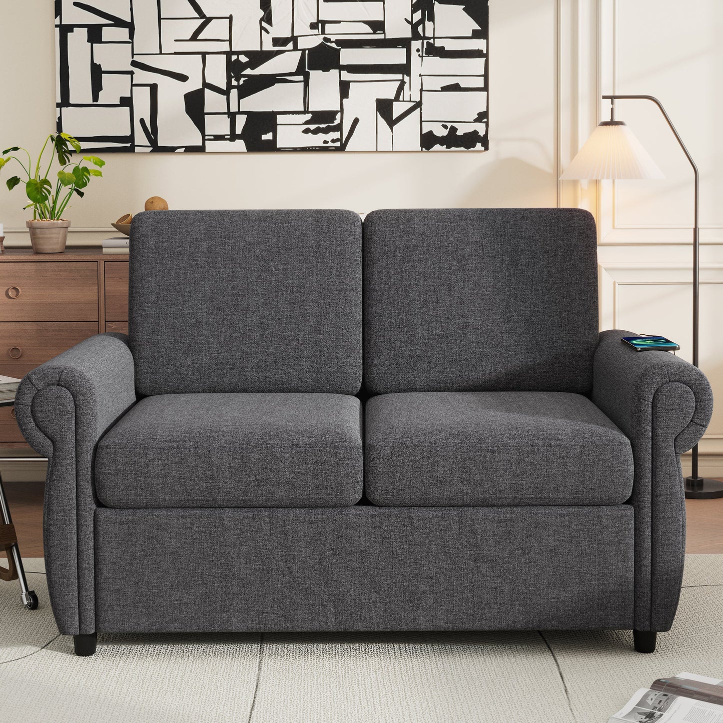 57.9" Pull Out Sofa Bed  Loveseat Sleeper With Twin Size Memory Mattress With Two USB Ports for Living Room Spaces