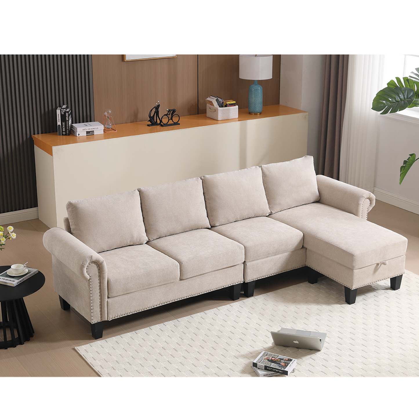 Convertible Sectional Sofa With Storage,L-Shaped Sofa,Four-Seater Sofa,Modern Linen Fabric Sectional Couches for Living