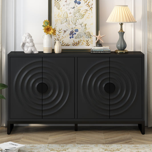 Storage Cabinet Sideboard Wooden Cabinet With Stunning Water Wave Door Design, Rubberwood Veneer and Adjustable Shelves