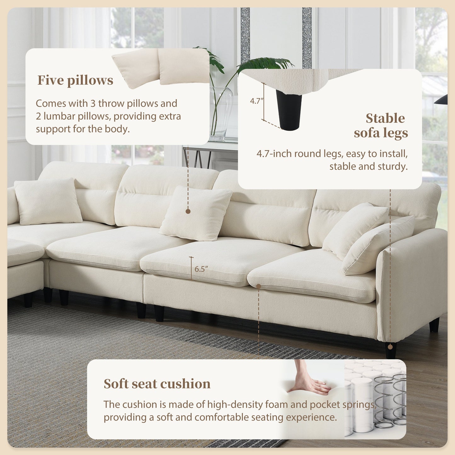 110*62" Modern Convertible Sectional Sofa,L-Shaped Reversible Couch Set With Free Pillows,5 Seat Cloud Chenille Indoor