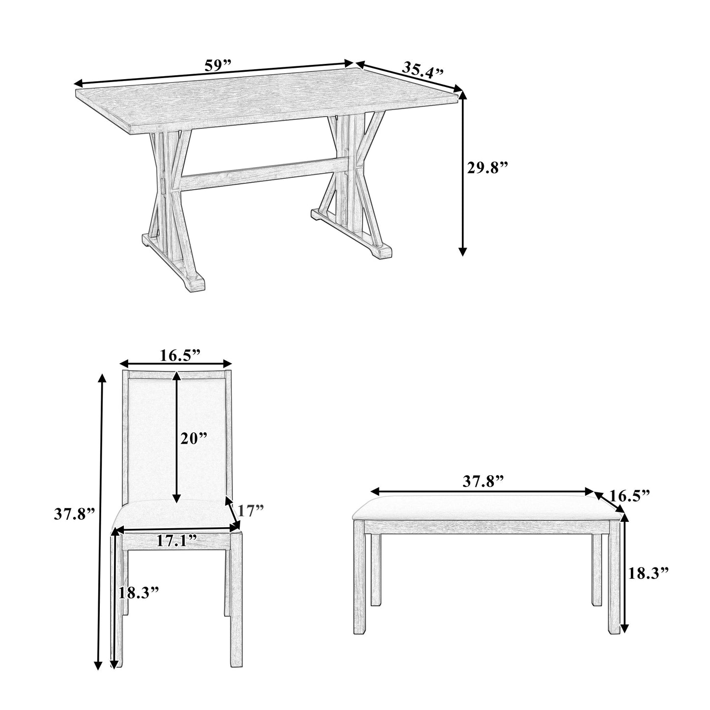 Farmhouse Classical 6-Piece Dining Table Set With Trestle Legs,Kitchen Table Set for 6 With 4 Upholstered Dining Chairs