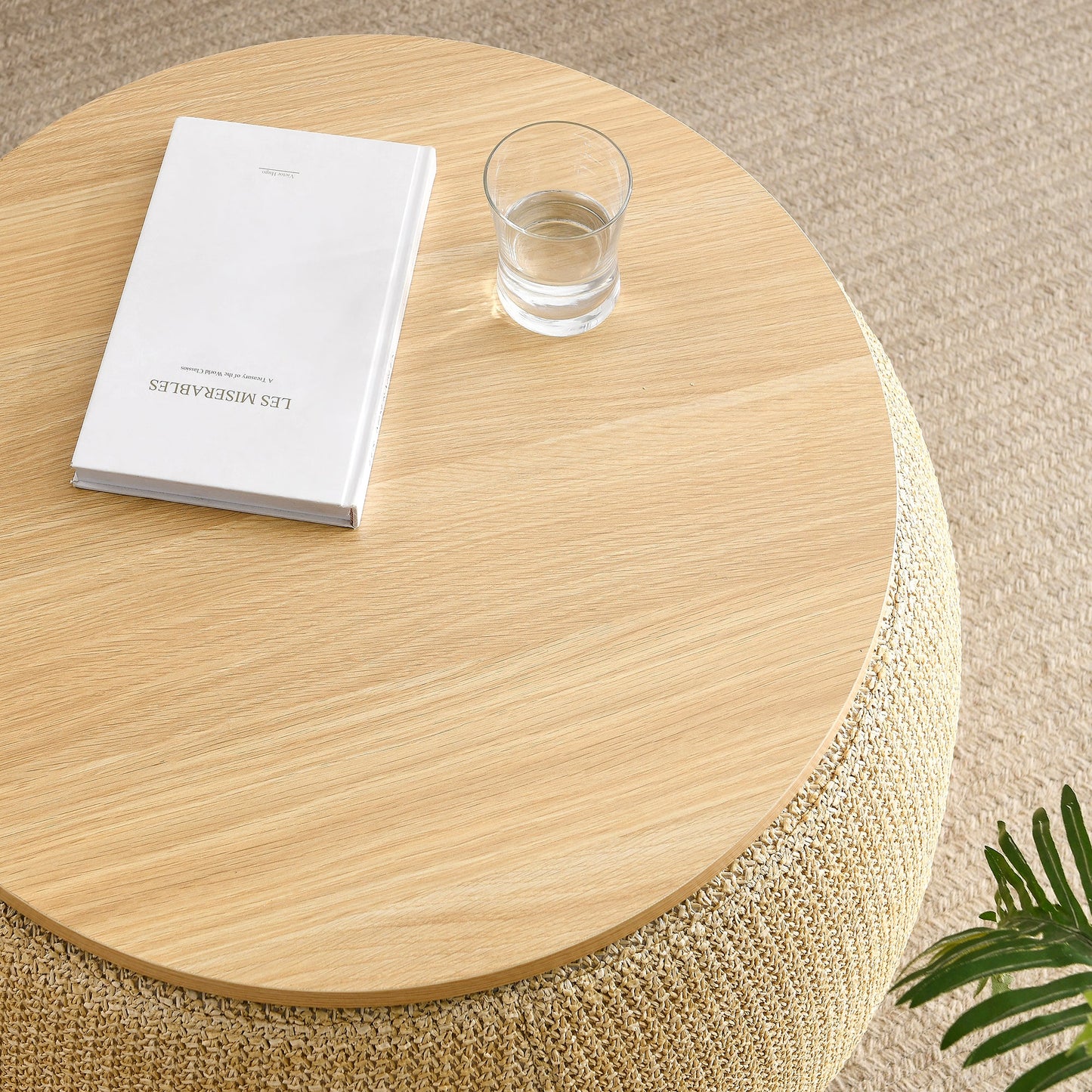 Round Storage Ottoman, 2 in 1 Function, Work as End Table and Ottoman, Natural (25.5"x25.5"x14.5")