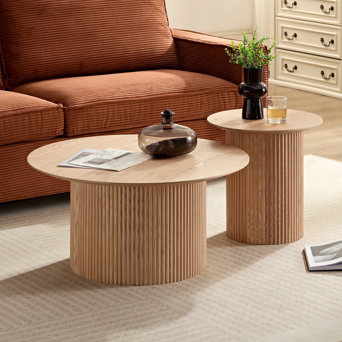 17.71 Inch Round Fluted Side Table Circle Small Accent Table for Living Room Mid Century  Circle Bedside Table for Bedroom