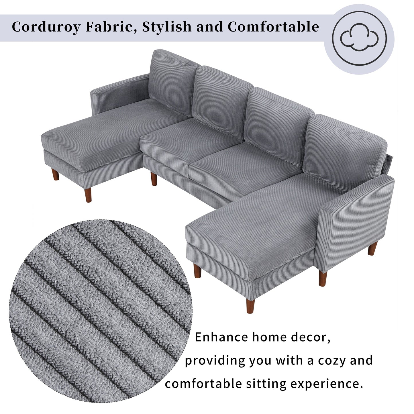 U-Shaped Sponge-Filled Cushion Combination Sofa, Suitable for Living Rooms, Studies, and Spacious Spaces